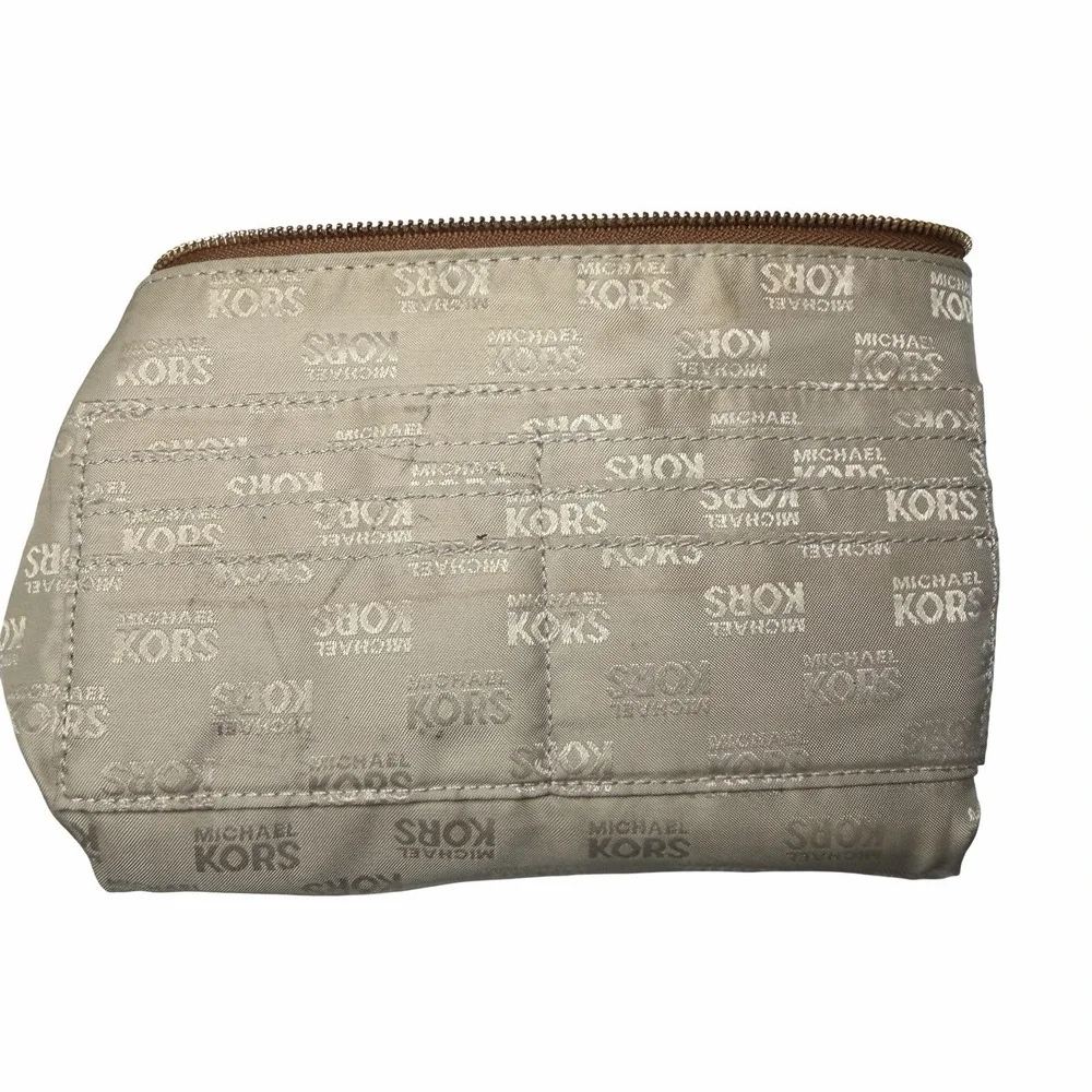 Michael Kors Brown Pebbled Leather Wristlet Zip Clutch Gold Tone Logo